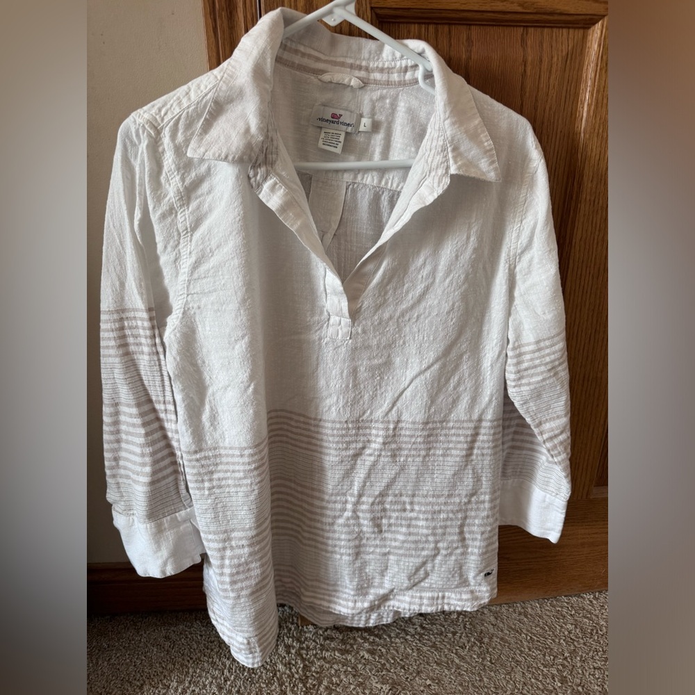 Vineyard Vines Lurex cream/beige stripe popover, size L, cotton blend, EUC